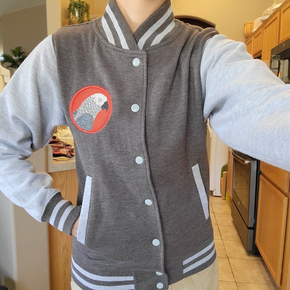 NEW African Grey Parrot Embroidered Varsity Bomber Sweatshirt XS Bird - Picture 6 of 11